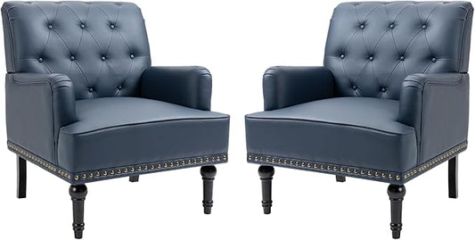 MOJAY Faux Leather Accent Chair Set of 2 Mid-Century Modern Living Room Chair Lounge Study Sofa Chair with Sturdy Wood Legs Club Chair Armchair for Bedroom Home Study Reception (DarkBlue)