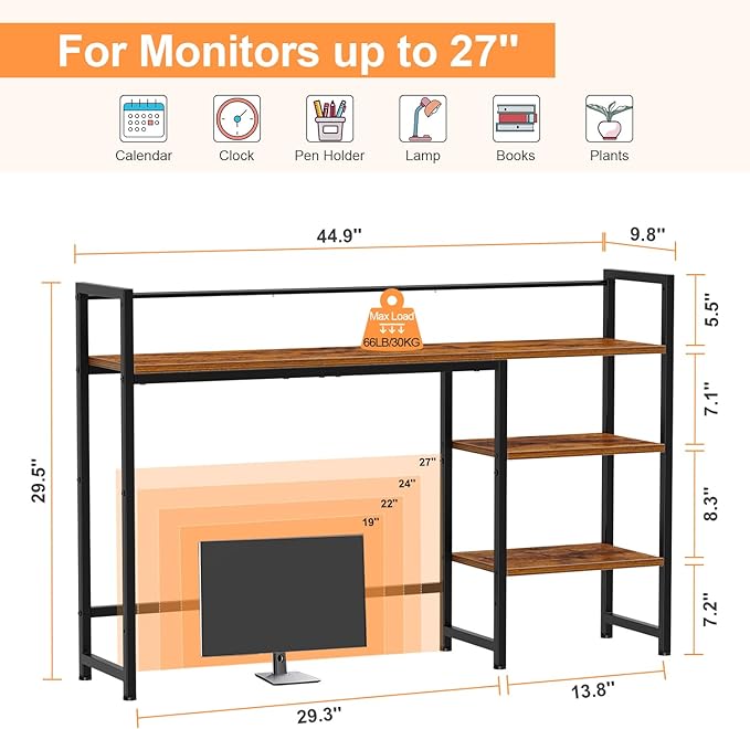 Snughome Desk Shelf 44.9 Large Desktop Organizer Shelf Desk Hutch for Computer Monitor 4 Tier Desk Top Display Rack Wood Desktop Bookshelf Storage Rack for Home Office Dorm