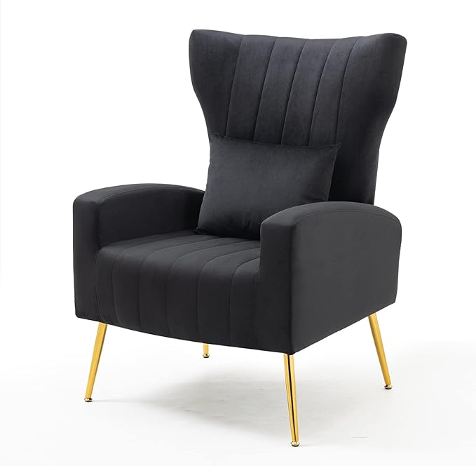 Velvet Accent Arm Chairs Set of 2 with Wingback &amp Lumbar Pillow Modern Armchairs for Living Room Bedroom Guest Reception Side Chairs for Office Gold Finish Black
