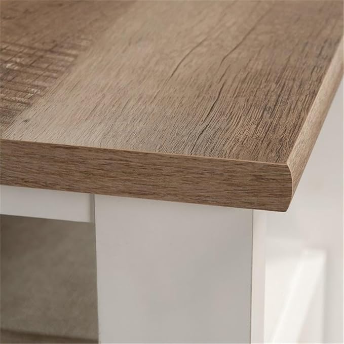 Pemberly Row L-Shaped Engineered Wood Computer Desk Glacier White Finish File Drawer Grommet Holes Cord Management Lower Shelf Modern Farmhouse Home Office Desk