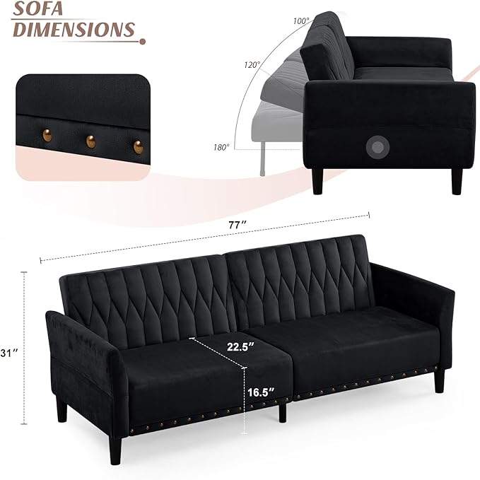 77 Inches Velvet Sofa Bed w/Adjustable Backrests &amp Armrests Convertible Sleeper Sofa w/Nailhead Trim Modern Loveseat Couch with Sturdy Legs for Living RoomOfficeBlack