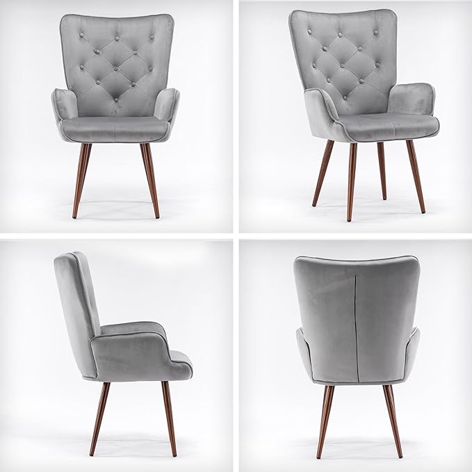 UNICOO Light Grey Velvet High Wingback Chair - Mid-Century Modern Design Vintage Button Reading Living Room Bedroom Office
