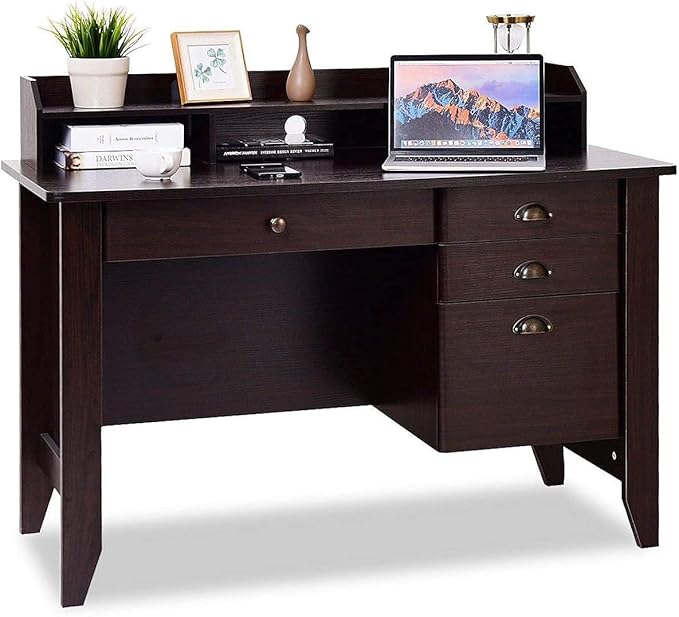 Giantex Topment Wood Computer Desk with 2 Tier Shelves Study and Writing Table with Three Side Drawers Laptop Table with a Smooth Slide-Out Long Drawer Work Station for Home &ampOffice