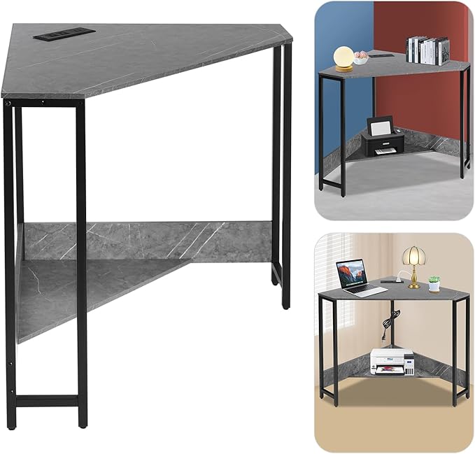 Corner Computer Desk Triangle Computer Desk Small Space Industrial Computers Desks with USB Ports &amp Power Outlet for Home Office Workstation Living Room Bedroom (Gray)