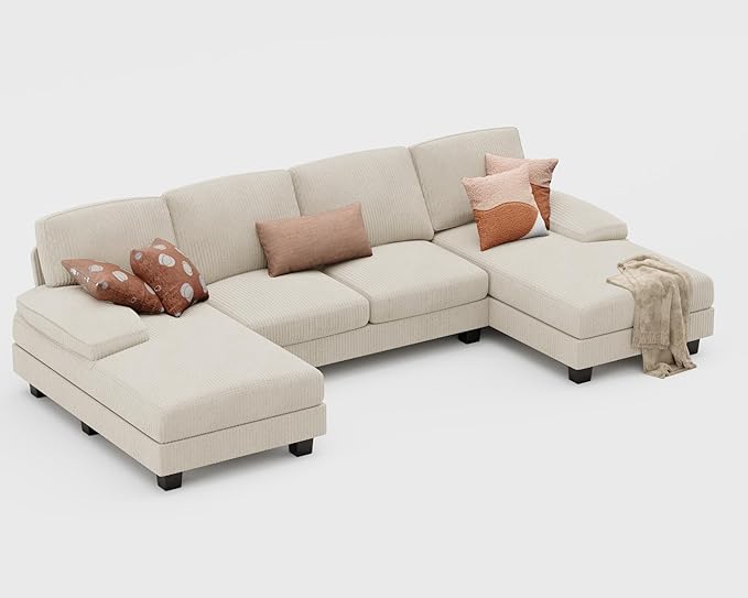 Furniwell Convertible Sectional Sofa Couch 4 Seat Sofa Set for Living Room U-Shaped Modern Fabric Modular Sofa Sleeper with Double Chaise &amp Memory Foam (Corduroy Beige)