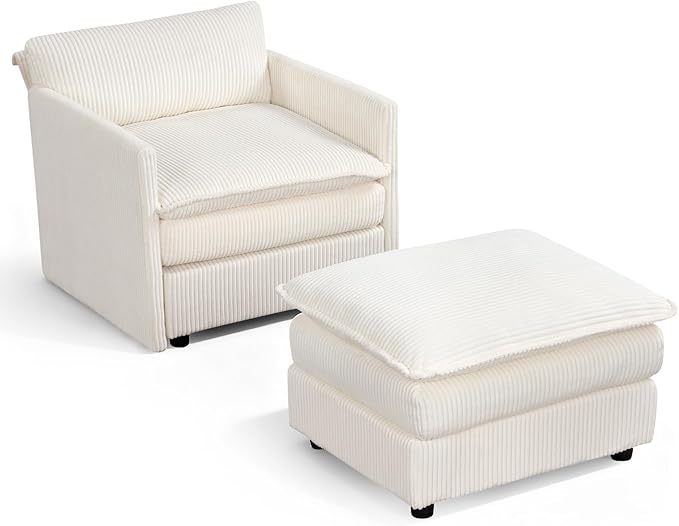 KOMFOTT Oversized Accent Chair with Ottoman Comfy Corduroy Single Sofa Couch w/Soft Cushions &amp Deep Seat Large Upholstered Armchair Reading Chair for Living Room Bedroom Apartment (Beige)