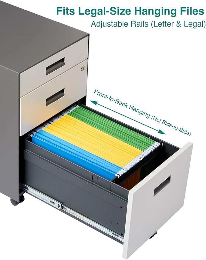 3 Drawer File Cabinet with Lock - Under Desk Metal Filing Cabinet Legal/Letter File Folders Wheels Fully Assembled White/Gray