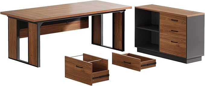 Tribesigns 63‘’ L-Shaped Executive Desk Office Table with 39.37-Inch Drawers Cabinet Large Computer Desk with Storage Shelves Business Furniture Set for Home Office Brown &amp Black
