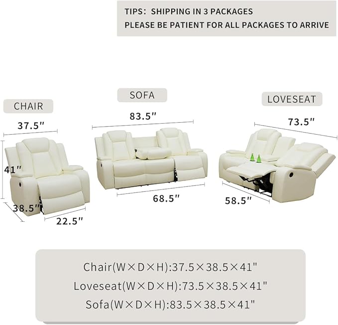 Modern Power Reclining Chair Set Ivory White Breathing Leather Sofa Couches Living Room Sofa Sets Power Recliner Sofa Set with LED Light for Living Room &amp Apartment &amp Home &amp RV
