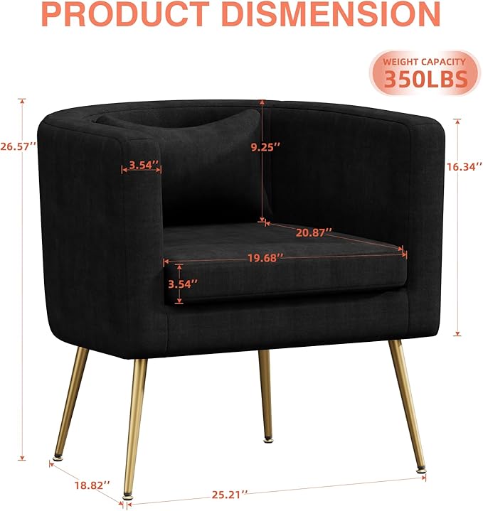 Velvet Accent Chair Modern Barrel Armchair with Lumbar Pillow &amp Gold Legs Upholstered Club Chairs for Living Room/Bedroom/Guest Reception Black