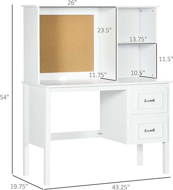 Computer Desk with Drawers Shelves Home Office Desk with Storage Corkboard Workstation Table with Cable Hole White