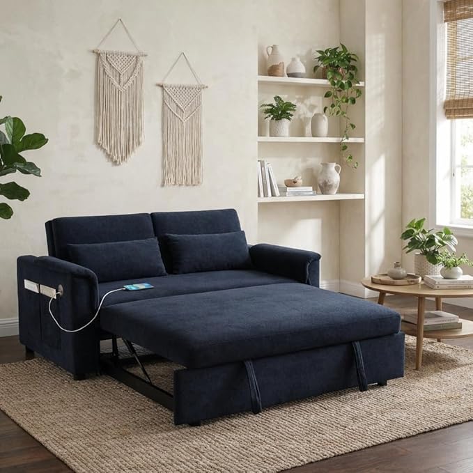 Sofa Bed Pull Out Couch with Side Pockets 3 in 1 Velvet Loveseat Sleeper Sofas Beds with USB Ports Sofa Bed Couch with Adjustable Backrest for Living Room Bedroom Apartment Blue Black