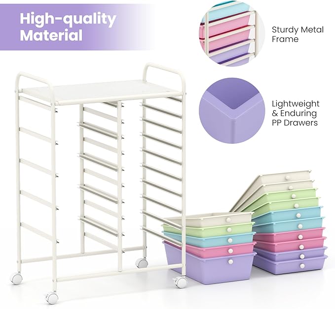 Giantex 15 Drawer Rolling Cart with Drawers Storage Organizer Cart for Classroom Office School Teacher Mobile Drawer Cart for Tools Crafts Small Printer Paper Pastel Ice Cream