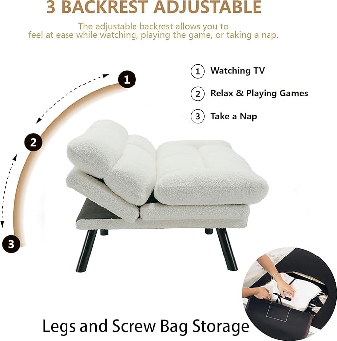 White Modern Teddy Velvet Convertible Folding Futon Couch Sofa Bed Adjustable Pillow Top Arm Memory Foam Couch Double Love Seat Sofa for Compact Space Dorm Apartment Bedroom Loveseat (White)