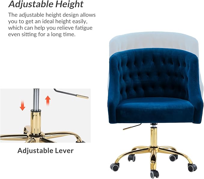 TINA'S HOME Velvet Home Office Chair with Gold Base Comfortable Modern Cute Desk Chair Adjustable Swivel Task Chair for Living Room Bedroom Vanity Study Navy