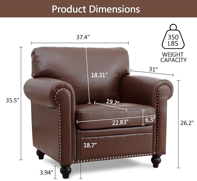 Brown Faux Leather ChairMid Century Modern Accent Chair Set for Office Bedroom Living Room with Deep Seats Detachable Cushions and Nailhead Rolled Arms Easy Assembly