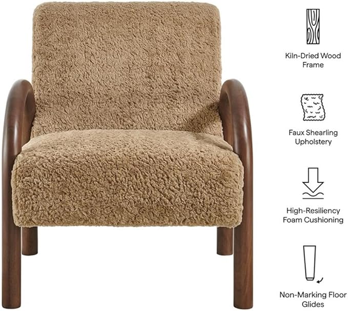 MAKLAINE Contemporary Faux Shearling Accent Armchair Sand Upholstery Solid Wood Frame Arched Armrests High Resiliency Foam Cushion Modern Design for Living Room or Bedroom