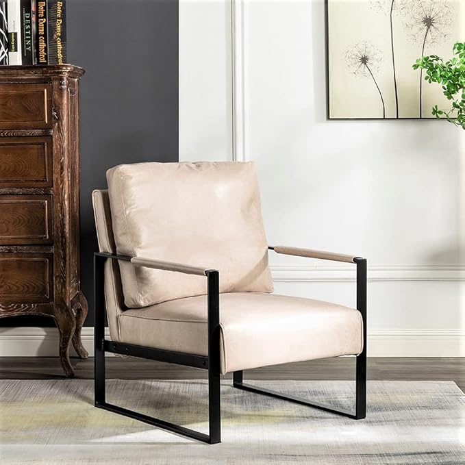 Container Furniture Classic Mid Century Modern Accent Chair with Durable Square Metal Frame Armchair for Living Room Bedroom Home Office in Spotted Microfiber Upholstery Light Camel