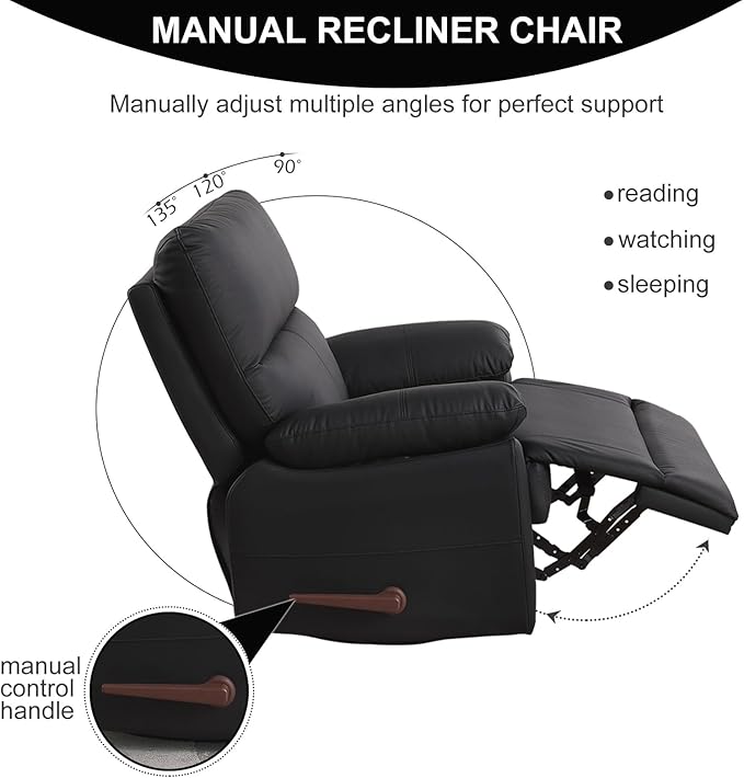 Manual Recliner Chair with Lever Handle 360° Swivel Elderly Rocker Recliner Chairs Single Seat upholstered Recliner Sofa Chair for Living Room Apartment (Black)