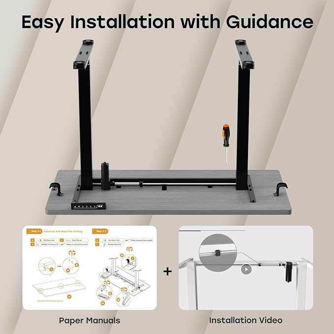 Grey Standing Desk 48 X 24 Inch Adjustable Height Electric Table Sit Stand Desk with 2 Hooks Ergonomic Rising Workstation with Splice Board