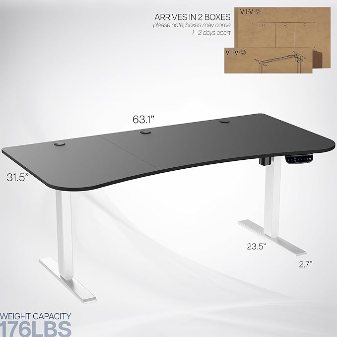 VIVO Electric 63 x 32 in Standing Desk Memory Height Adjustment 176 lb Frame Support 2E Series Black Top White Frame DESK-KIT-2EWB
