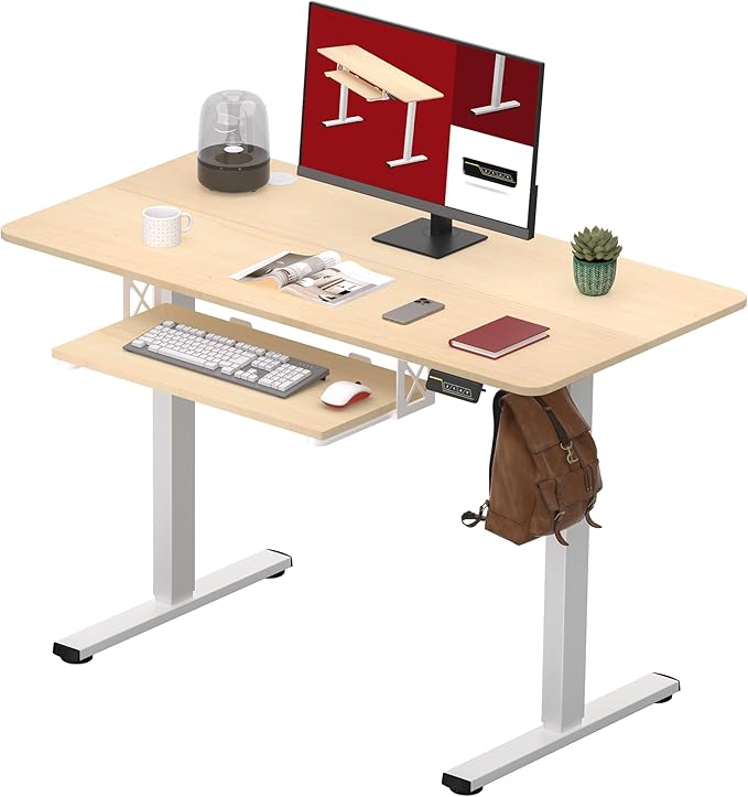SANODESK Standing Desk with Keyboard Tray 48 × 24 Inches Electric Height Adjustable DeskSit Stand up Desk with Splice Board Home Office Desk Computer WorkstationWhite Frame/Maple Top