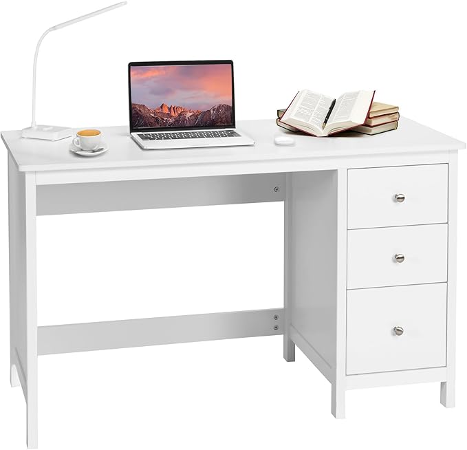 Computer Desk 48 Inch Home Office Desks with Drawers Modern Makeup Vanity Table Teens Writing Gaming Desk White Desk with Drawers for Bedroom Study Office (White)