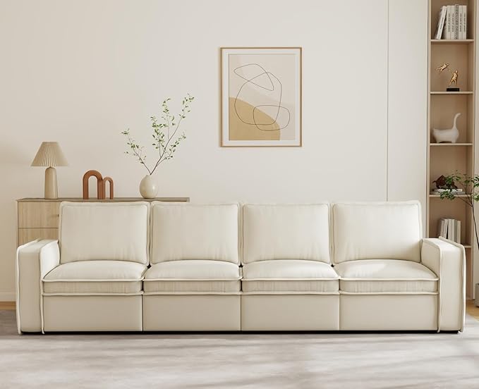 EALSON 119 Modular Sectional Sofa Modern Comfy 4-Seater Couch Sofa Linen Fabric Upholstered Cloud Couches with 24 Deep Seat and Wooden Legs for Bedroom/Living Room/Office White