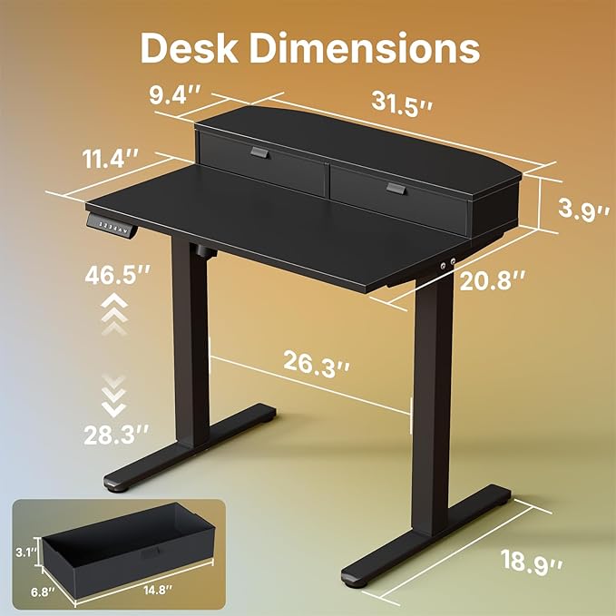 HUANUO 32 x 21 inch Small Electric Standing Desk with 2 Drawers C-Clamp Mount Compatible Height Adjustable Sit Stand Desk Home Office Stand Up Desk with 4 Memory Height Settings Black