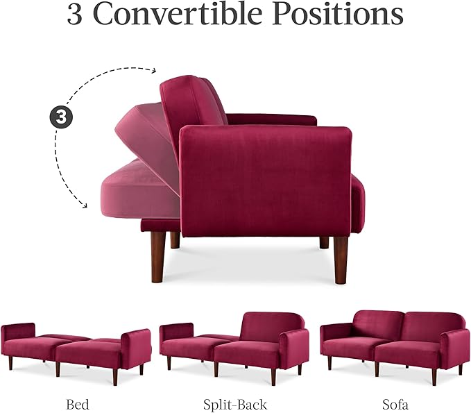 Best Choice Products 77 Mid Century Modern Velvet Loveseat Sofa Couch Convertible Sofa Sleeper Bed w/Real Wood Removable Armrest - Raspberry
