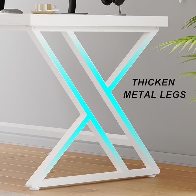 LVB Modern White Computer Desk Long Industrial Home Office Desk for Student Large Metal Wood Writing Study Work Desk Farmhouse Executive Gaming Computer Table for Bedroom Living Room White 60 in