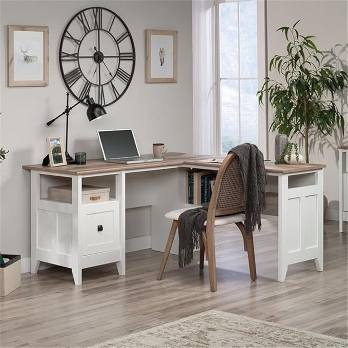 Pemberly Row L-Shaped Engineered Wood Computer Desk Glacier White Finish File Drawer Grommet Holes Cord Management Lower Shelf Modern Farmhouse Home Office Desk
