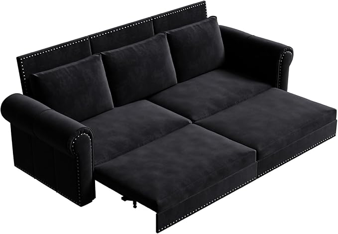 93.7 King Size Chesterfield 3-seat Pull Out Sofa Bed Velvet Couch Bed with Nailhead Trim and Rolled Arm 3-in-1 Sleeper Sofa for Living Room Apartment Office Black