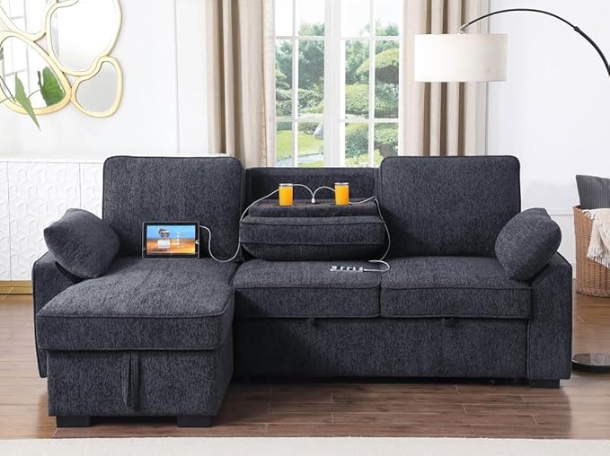 Lilola Home Mackenzie 91-inch Chenille Fabric Reversible Sleeper Sectional Sofa with Storage Chaise Drop-Down Table Cup Holders &amp USB/USB-C Charging Ports Easy Assembly Living Room — Charcoal
