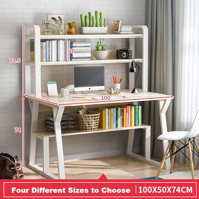 NP Home Office Desk with Shelves Hutch 2022 Upgraded Computer Desk Spacious Desktop Upper Shelves Metal Structure White Stylish Desk Study Work Writing (100 * 50CM(39.4 * 19.7 Inches))