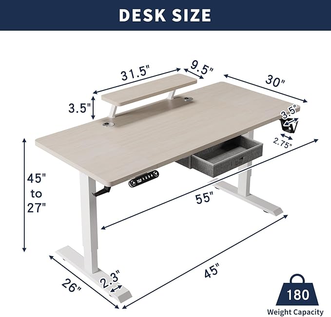 Electric Standing Desk with Drawer 55x30 Inches Height Adjustable Sit Stand Up Desk with Storage Shelf Home Office Desk Computer Workstation with White Pearwood Top/White Frame