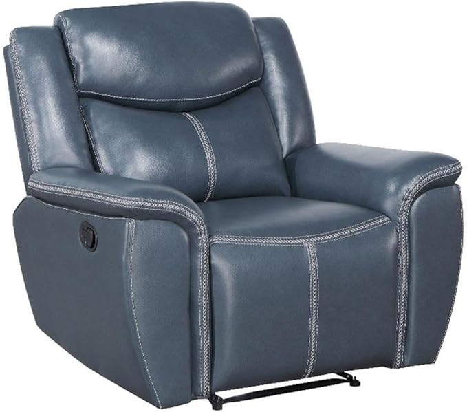 Pemberly Row Faux Leather Upholstered Motion Recliner Chair Blue Manual Recline Wall Hugger Design Pocket Coil Spring Seat 40.25 H x 55 W x 39.25 D Comfortable Foam Cushions for Living Room