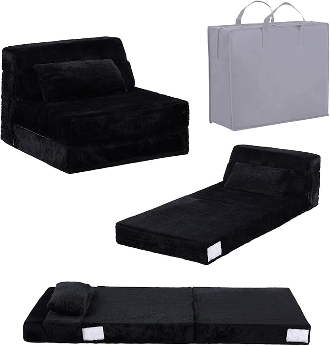 Tiita Convertible Folding Kids Sofa Bed with Pillow &amp Storage Bag Plush Fabric Floor Mattress Couch Bed Washable Cover Kids Room Playroom Dorm Apartment Black