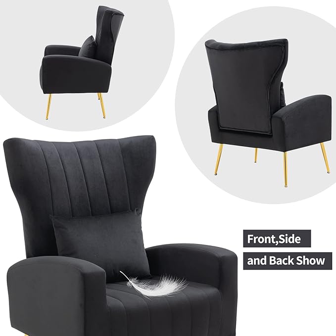 Living Room Chairs Set of 2 Modern Velvet Accent Chairs with Lumbar Pillow High Back Armchair Arm Chairs with Gold Metal Legs for Bedroom Black