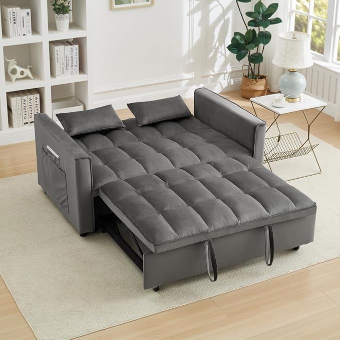 70 3 in 1 Pull Out Couch Loveseat Sleeper Sofa with Side Pockets Convertible Velvet Fabric Sofa Bed for Living Room Bedroom Apartment Easy Assembly Grey