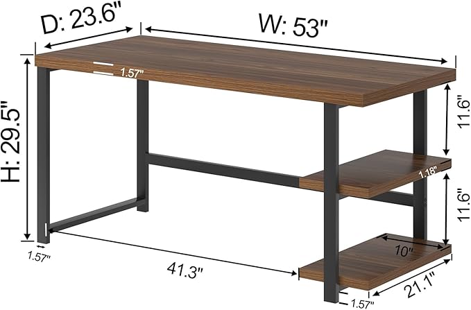 FOLUBAN Modern Computer Desk Wood Home Office Desk Study Writing Gaming Table Workstation with Storage Shelves for Living Room Bedroom Rustic Walnut 53 Inch