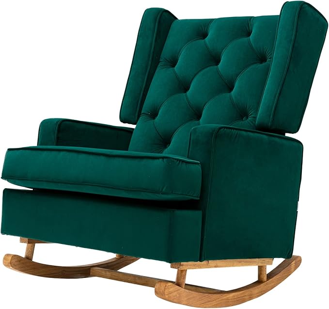 QQU Rocking Chair with Arms Leisure Chair IndoorComfy High Back Chair with Solid Wood Base Side Pocket for Living RoomBedroomOffice(A-Emerald)