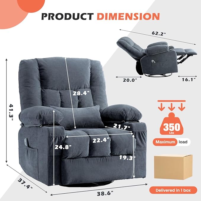 Recliner Chair with Cup Holders for Living Room Single Seat Manual Oversized Recliner with Ergonomic Side Pocket for Adult