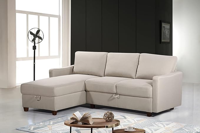 Sectional Sofa with Storage – Modern Upholstered Living Room Couch Reversible Chaise for Home Apartment Office 81.9” L Beige