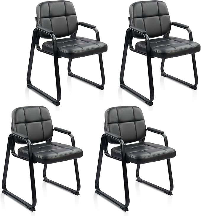 CLATINA Leather Office Guest Waiting Room Chair with Sled Base Reception Chair No Wheels with Armrests and Lumber Support Stationary Desk Armchair for Meeting Conference Lobby Shool Black 4 PK