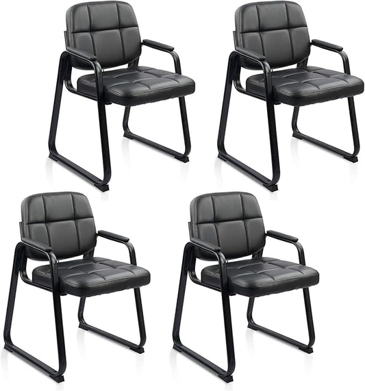 CLATINA Leather Office Guest Waiting Room Chair with Sled Base Reception Chair No Wheels with Armrests and Lumber Support Stationary Desk Armchair for Meeting Conference Lobby Shool Black 4 PK