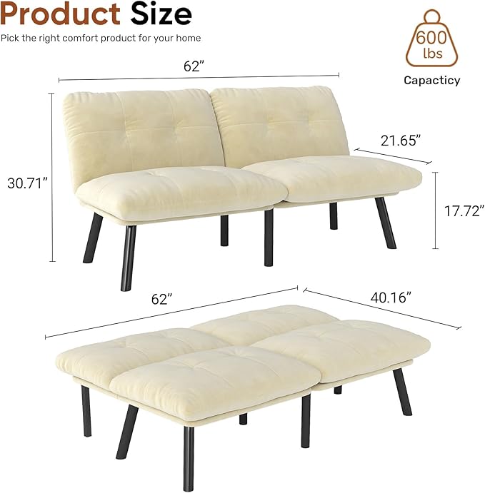 Futon Sofa Sleeper Couch Bed with Adjustable Backrest Thick Cushion Velvet Fabric for Department Living Room Lounge Sofa Loveseat (Beige)