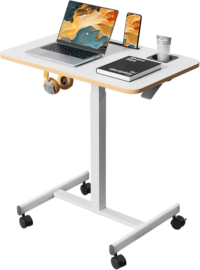 Mobile Standing Desk Rolling Laptop Table Adjustable Height with Cup Holder 28 inch Portable Cart Workstation with 4 Lockable Wheels White with Hook and Slots for Home Office