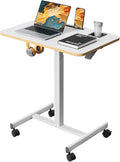 Mobile Standing Desk Rolling Laptop Cart Adjustable Height with Cup Holder 28 inch Portable Table with 4 Lockable Wheels White Computer Workstation with Hook and Slots for Home Office