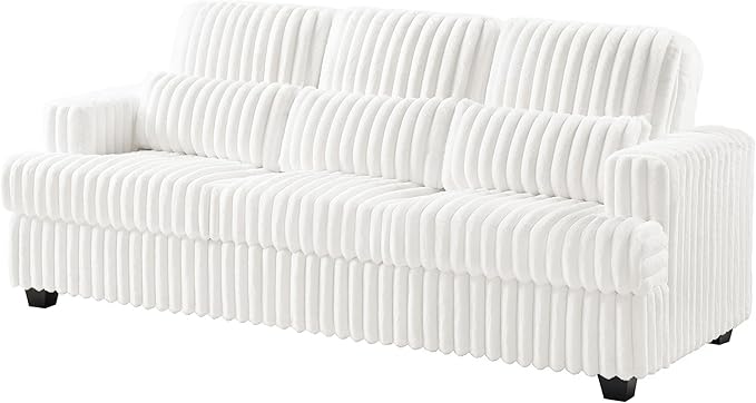 VanAcc 89 Inch Sofa Modern Couch with Deep Seats Comfy Sofa with 3 Throw Pillows Upholstered Couch for Living Room White